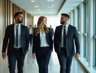 Business Professionals Walking Through Modern Office Hallway