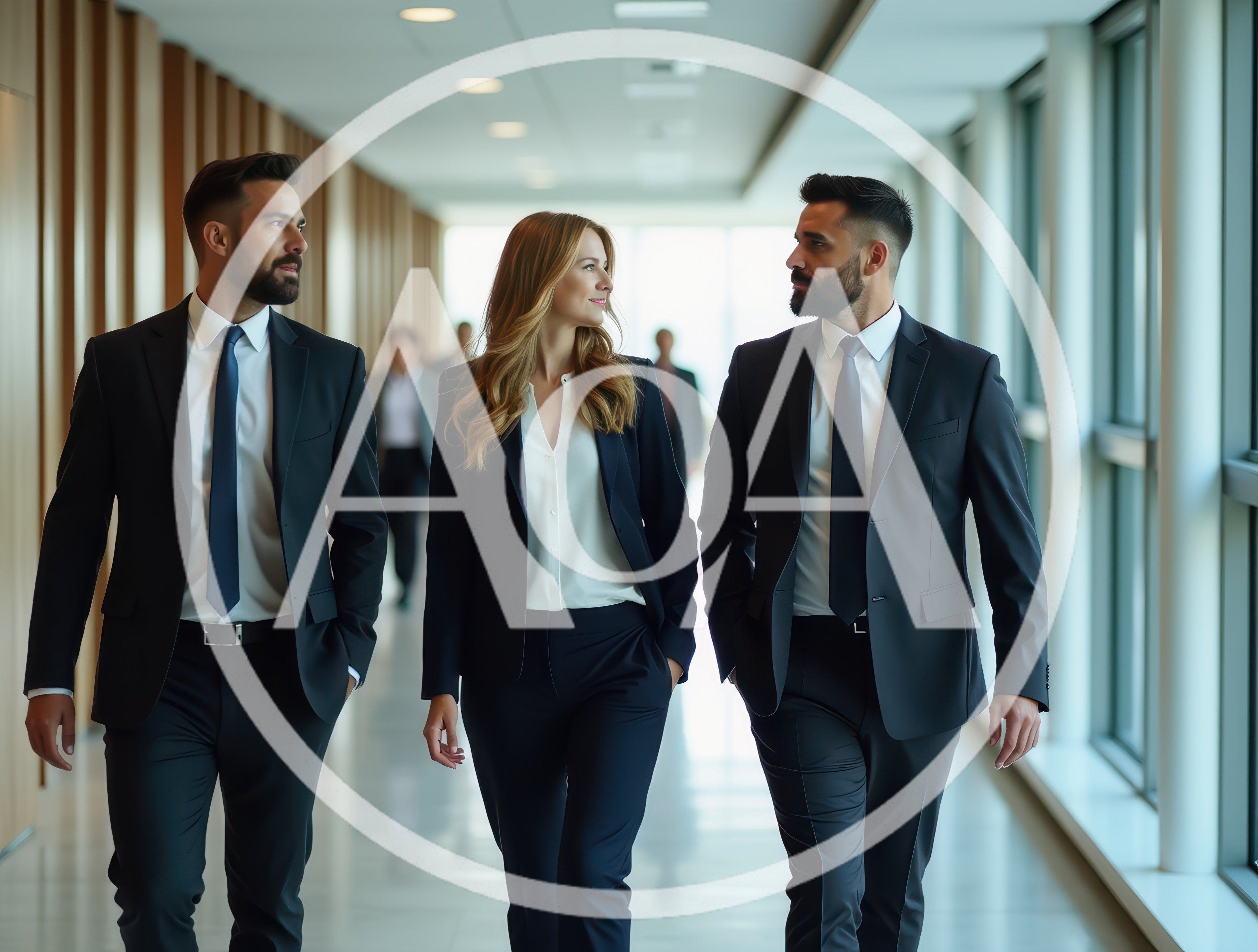 Business Professionals Walking Through Modern Office Hallway