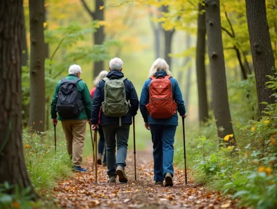 Senior Friends Hiking Together On A Forest Trail