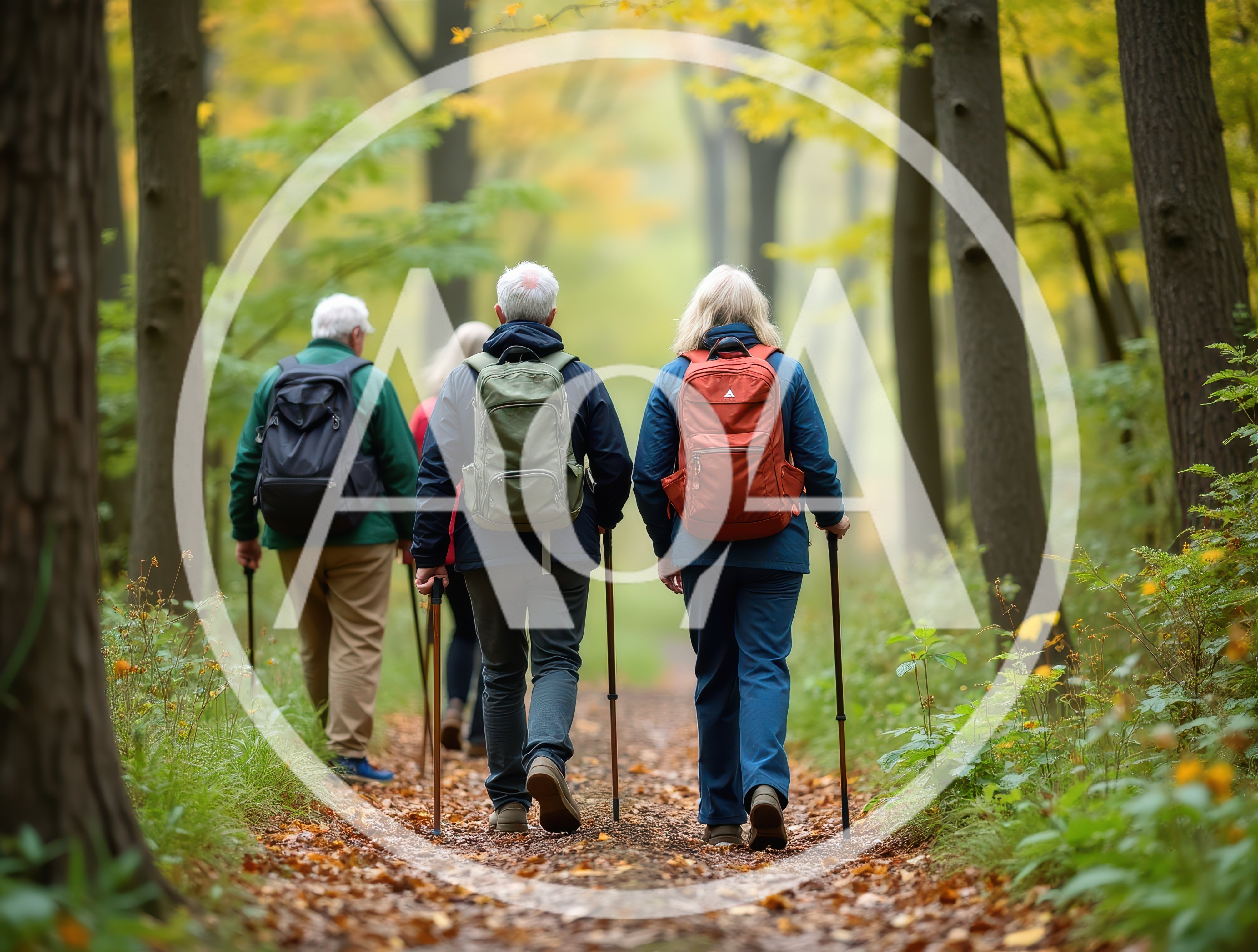 Senior Friends Hiking Together On A Forest Trail