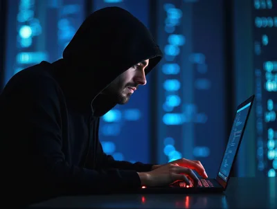 Hacker Working On Laptop In Dark Office