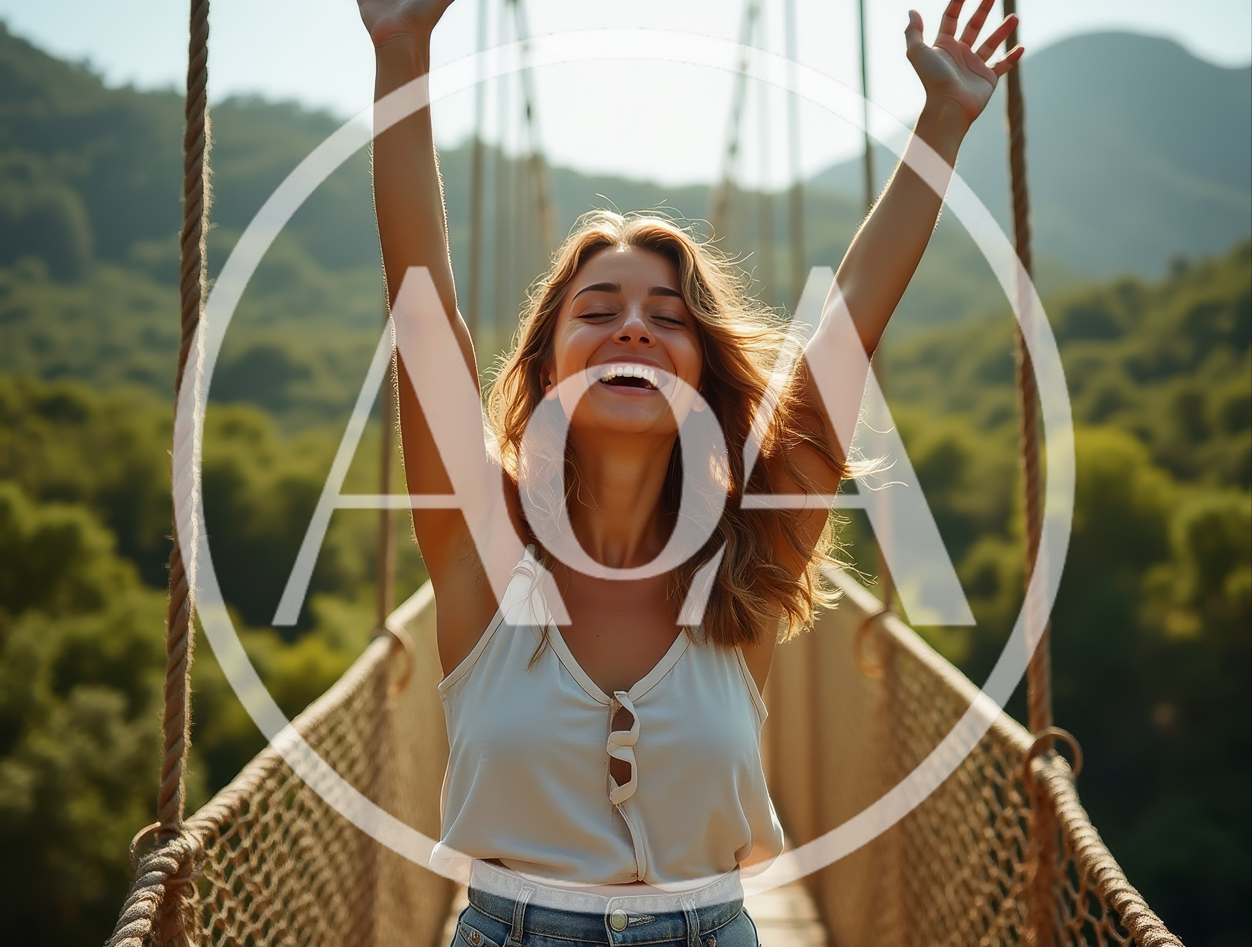 Happy Young Woman Celebrating On A Suspension Bridge
