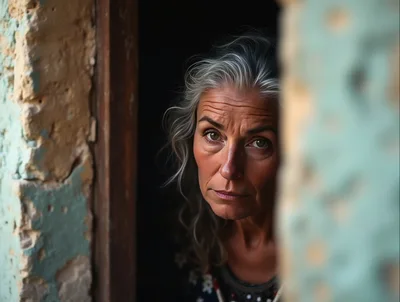 Portrait Of A Mature Woman Looking Through A Doorway
