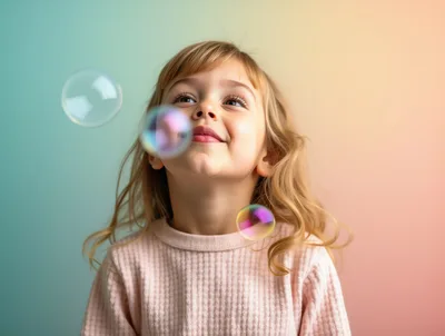 Little Girl Looking Up At Floating Bubbles