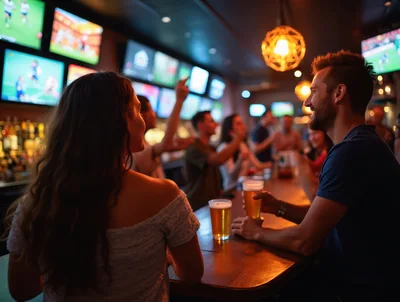 Young Couple Enjoying Drinks at a Sports Bar
