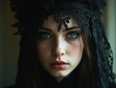 Portrait Of A Young Woman Wearing Black Lace Veil