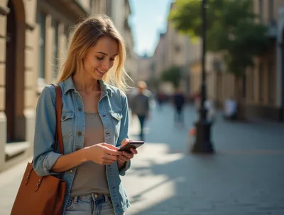Young Woman Using Smartphone While Walking Down City Street