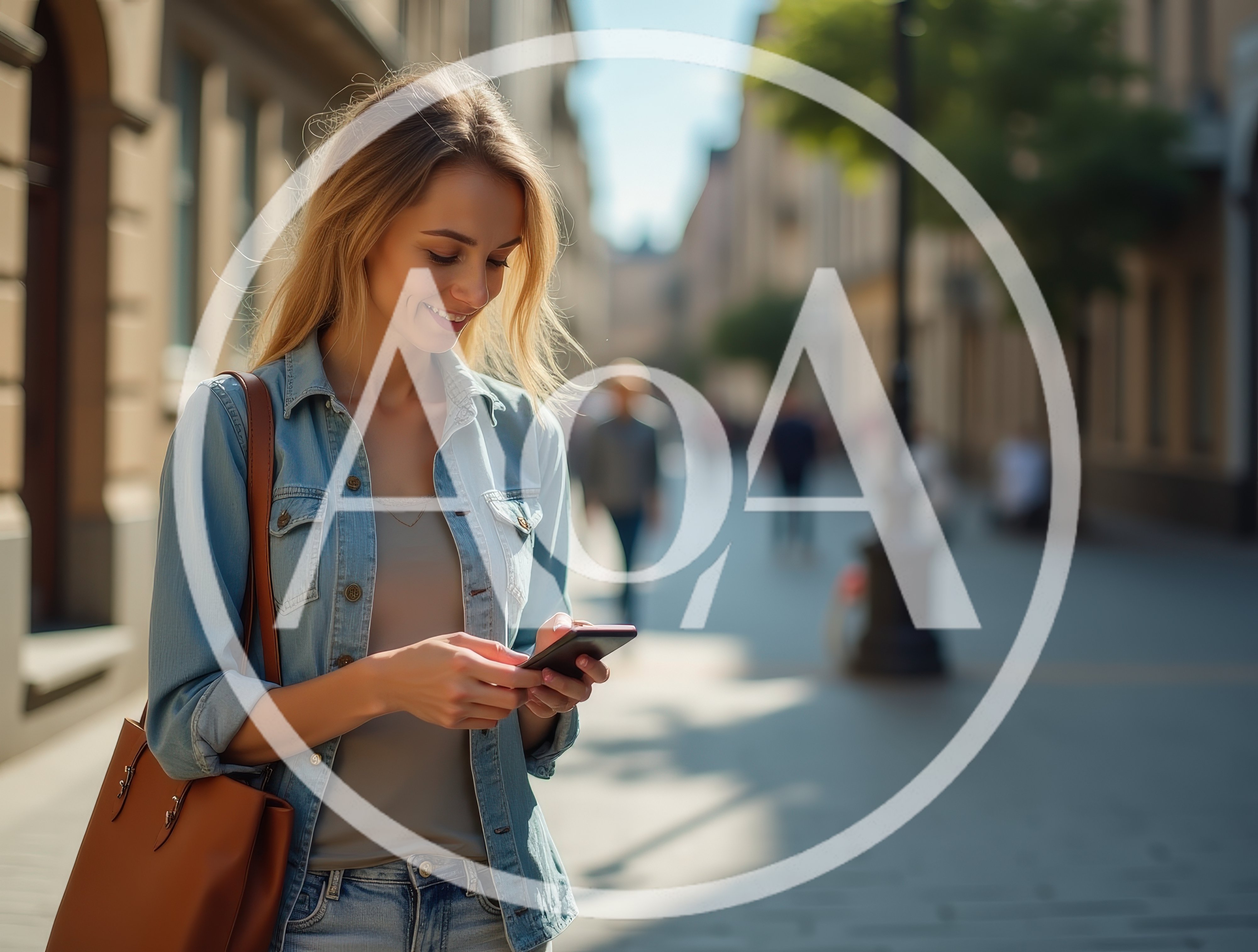 Young Woman Using Smartphone While Walking Down City Street