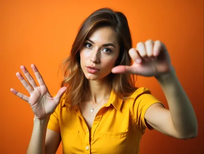Young Woman Gesturing With Hands Against Orange Background