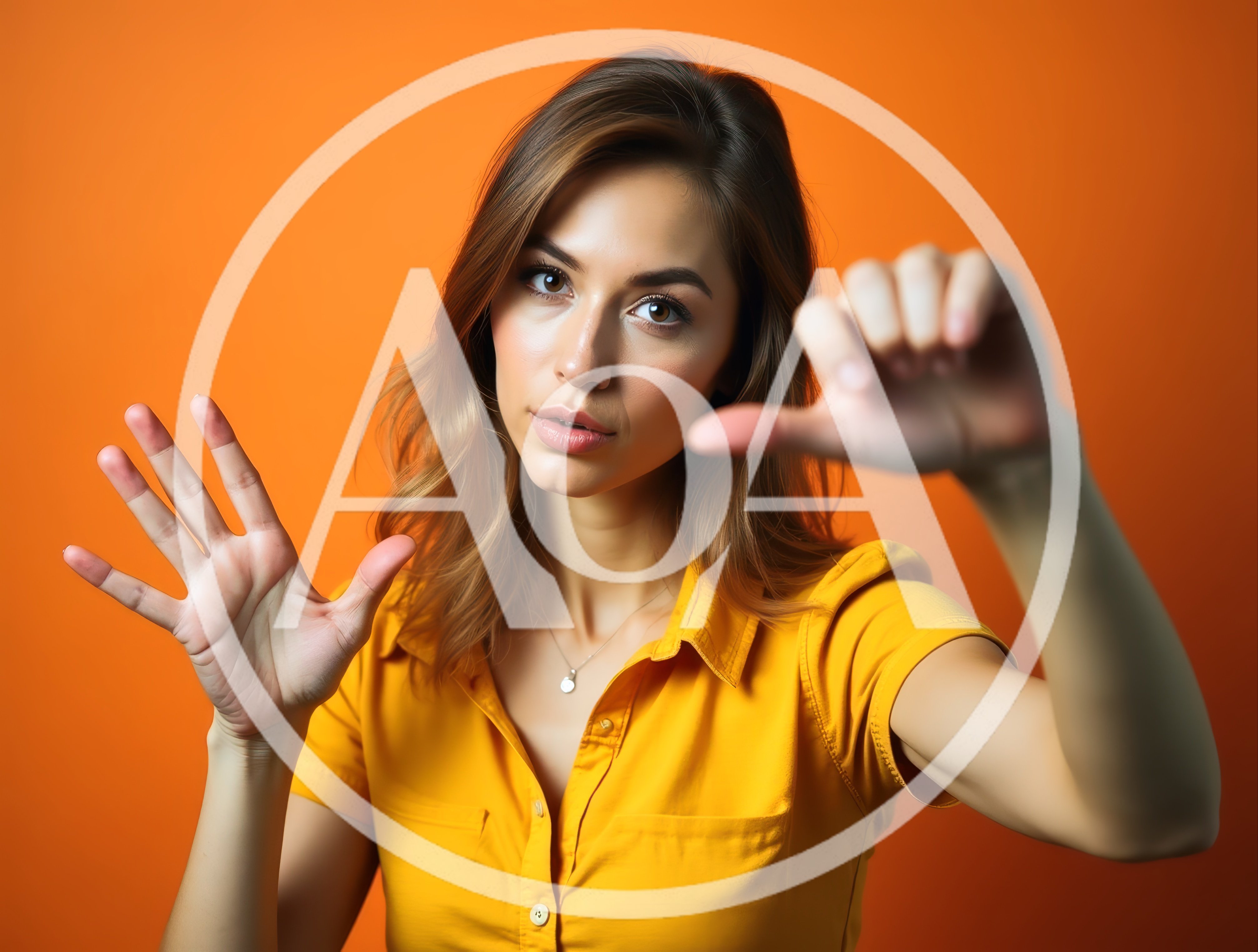 Young Woman Gesturing With Hands Against Orange Background