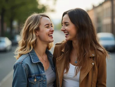 Two Happy Young Women Laughing Together Outdoors