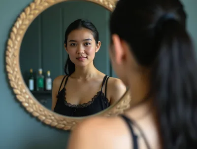 Young Asian Woman Looking At Her Reflection In Mirror