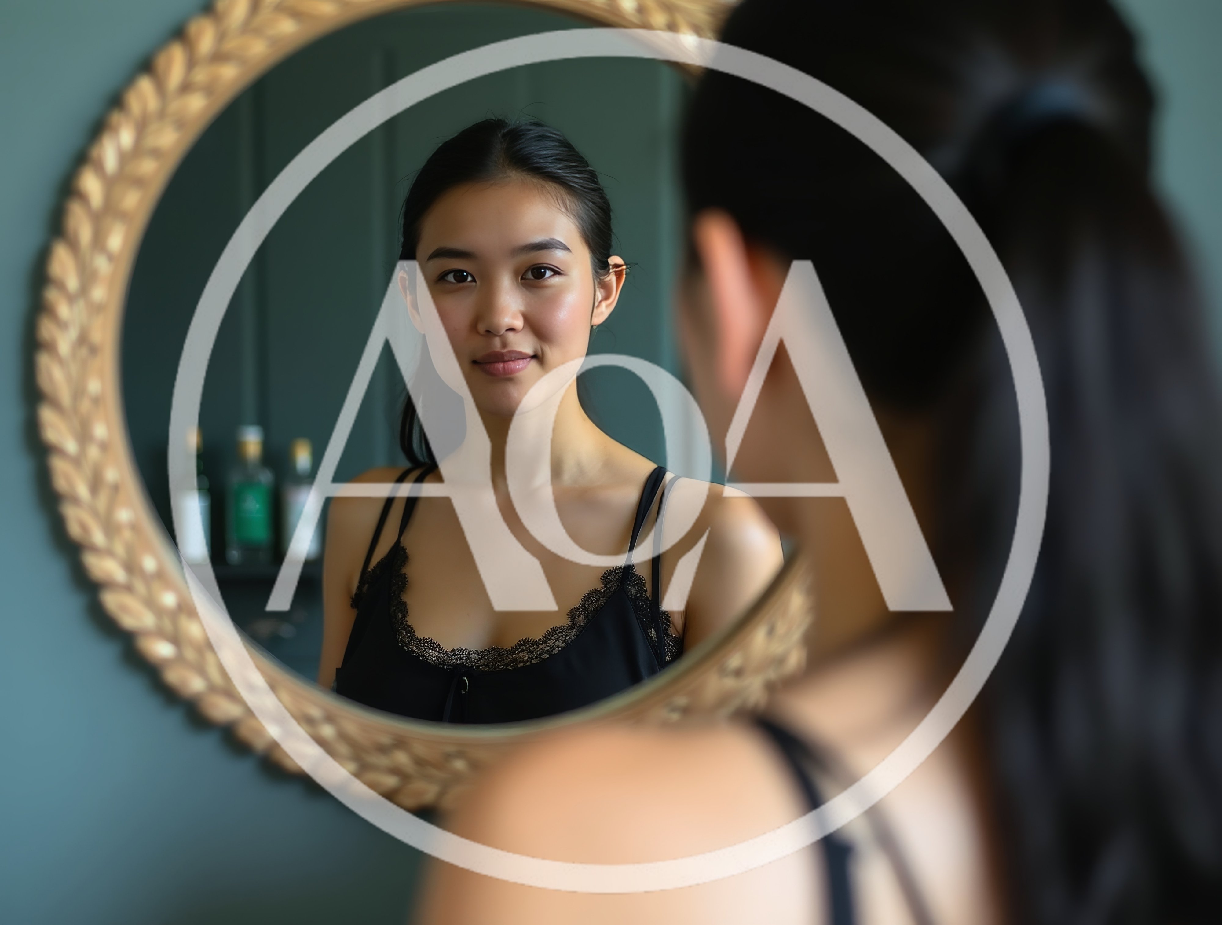 Young Asian Woman Looking At Her Reflection In Mirror