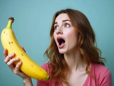 Surprised Woman Holding A Large Yellow Banana