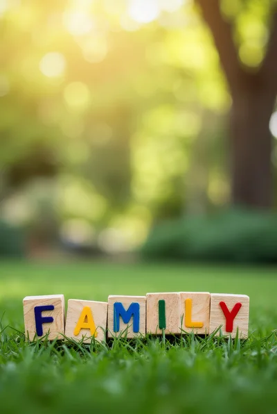 Wooden Blocks Spelling Family on Green Grass