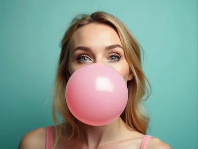Blonde Woman Blowing A Large Pink Bubblegum Bubble