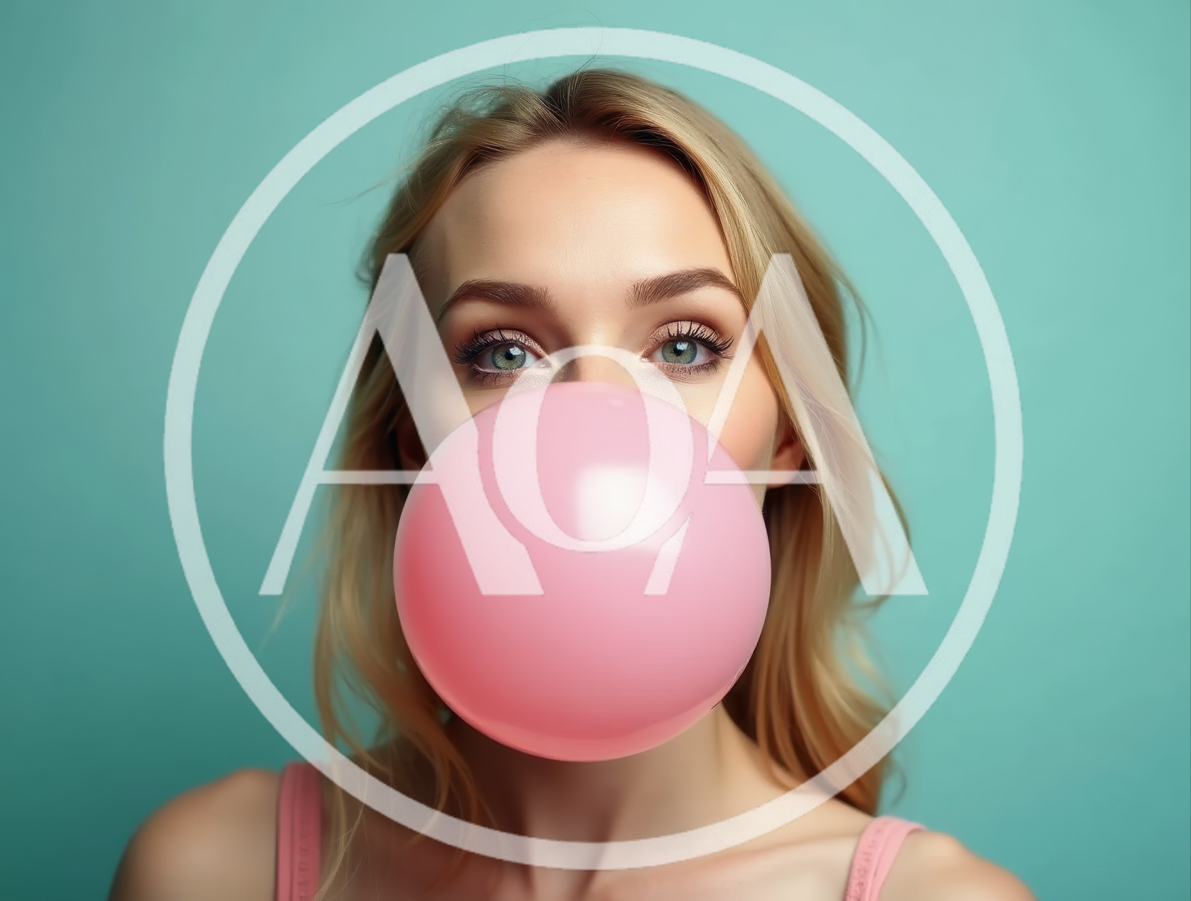 Blonde Woman Blowing A Large Pink Bubblegum Bubble