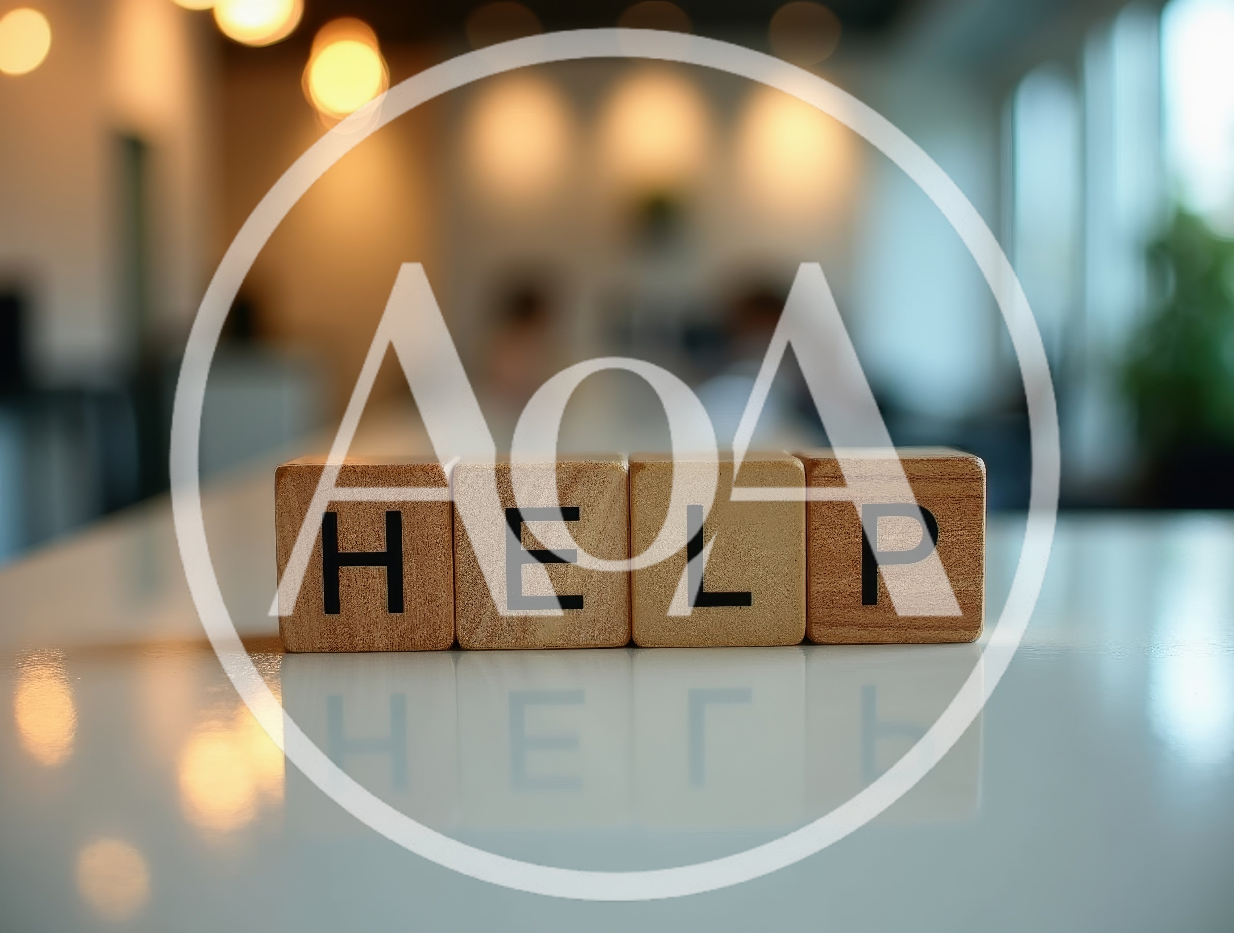 Wooden Blocks Spelling Help On A Reflective Surface