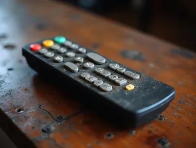 Dusty Remote Control Resting On A Wooden Table