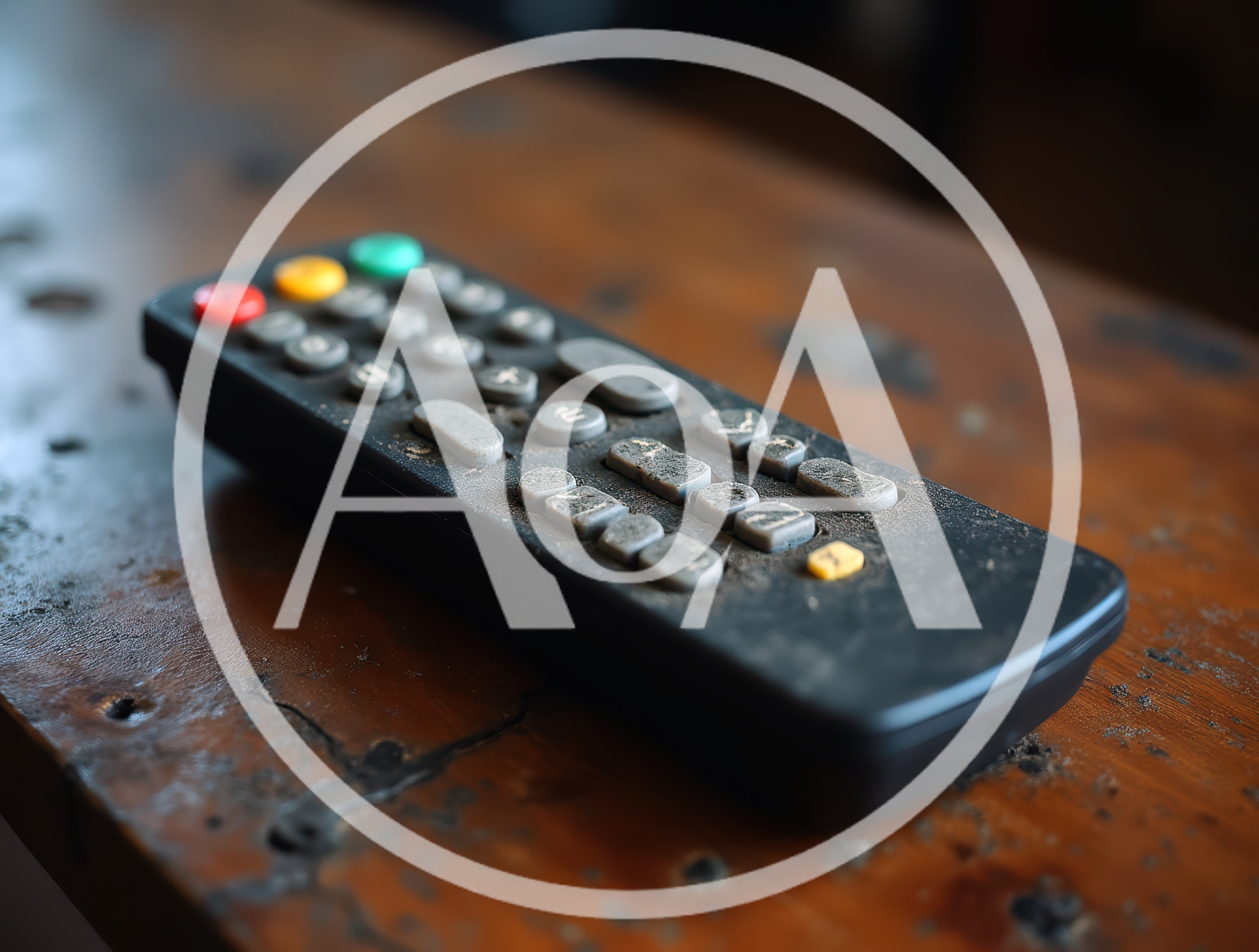 Dusty Remote Control Resting On A Wooden Table