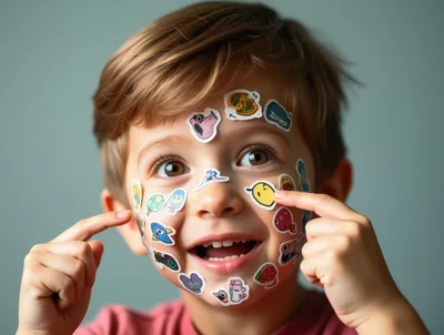 Young Boy With Colorful Stickers On His Face