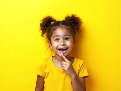 Happy Little Girl Pointing To Her Teeth