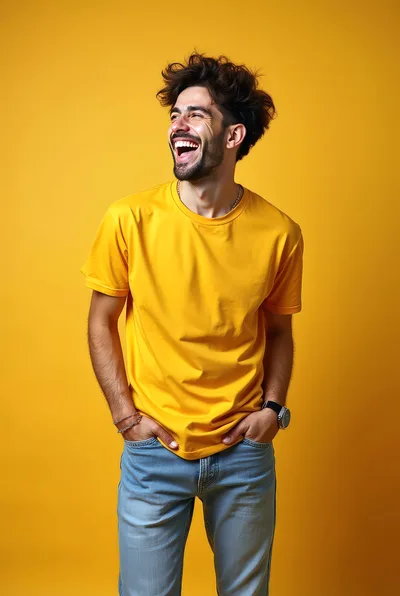 Happy Young Man Laughing In Yellow T-Shirt