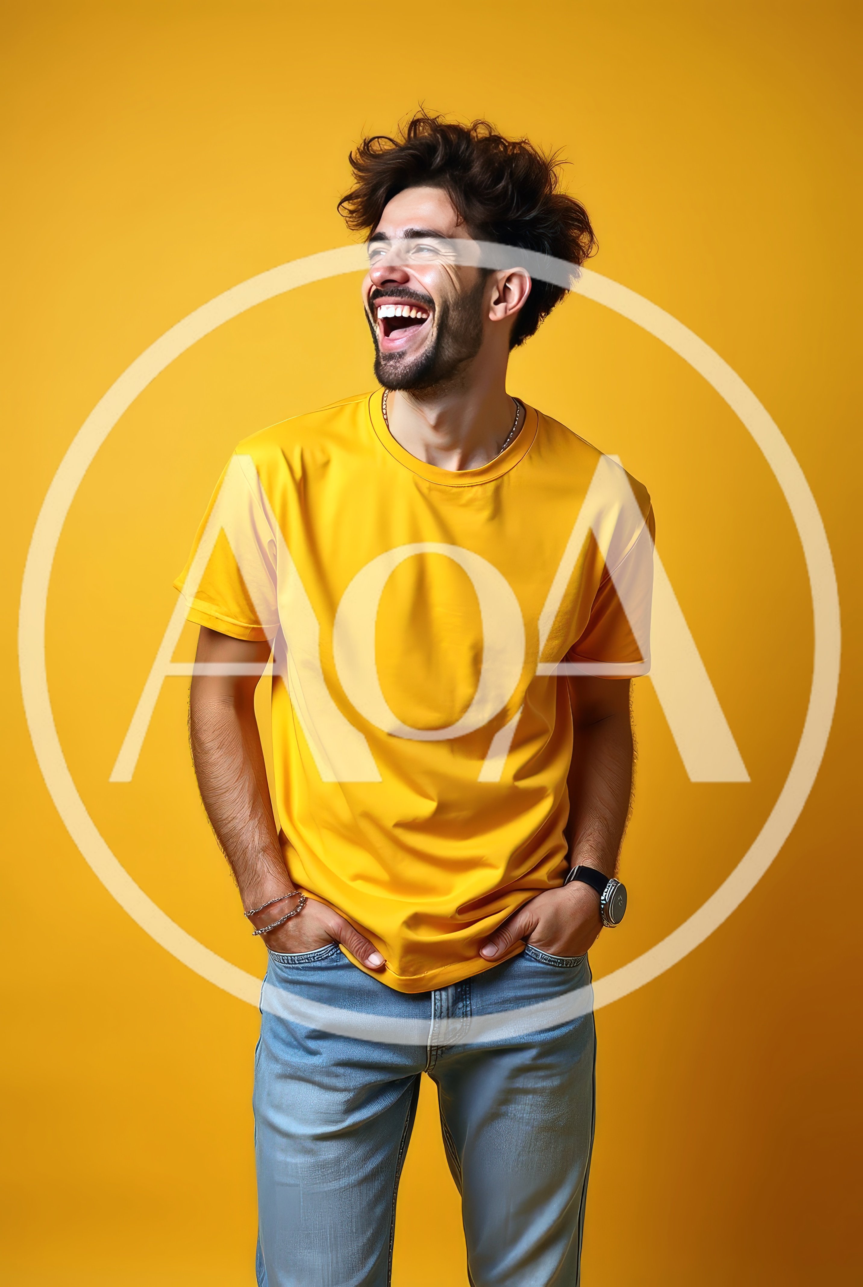 Happy Young Man Laughing In Yellow T-Shirt