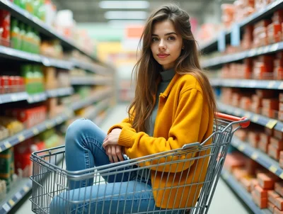 Young Woman Sitting In A Shopping Cart