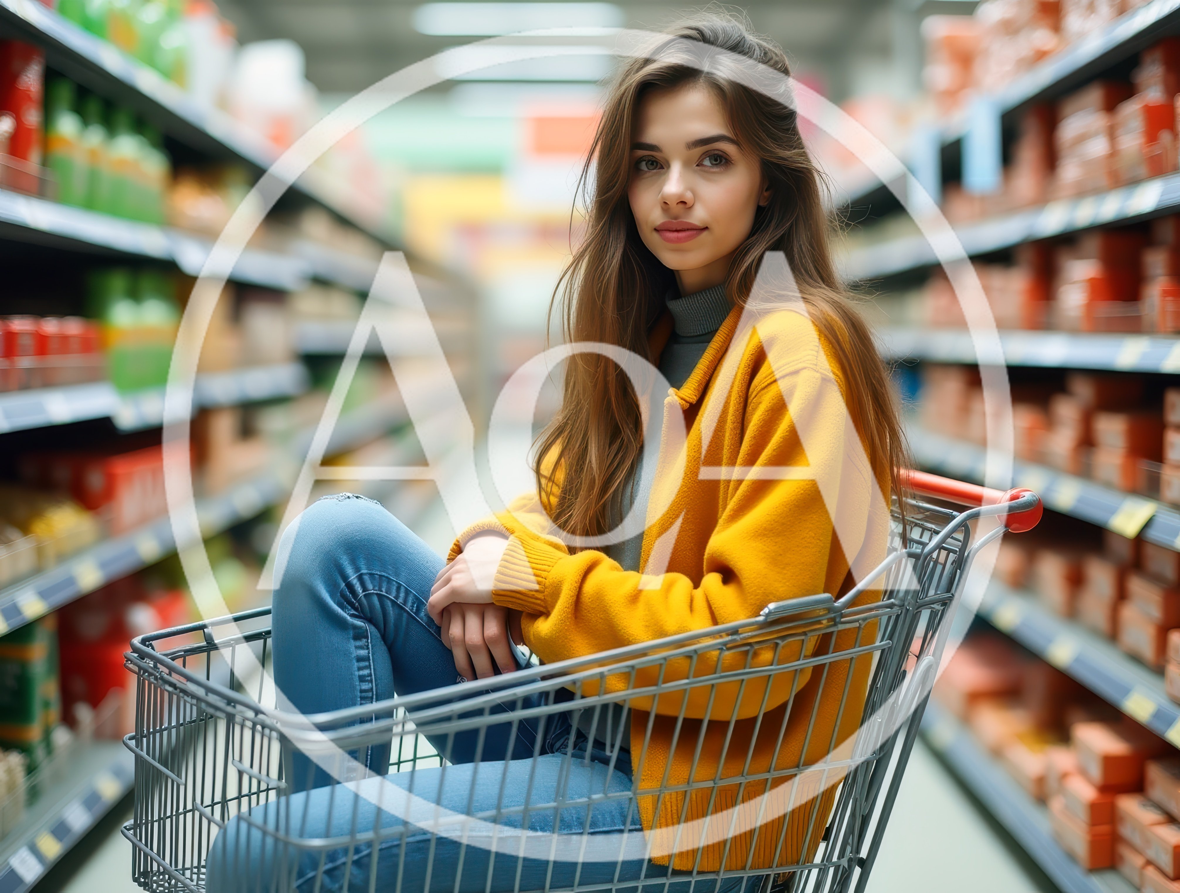 Young Woman Sitting In A Shopping Cart