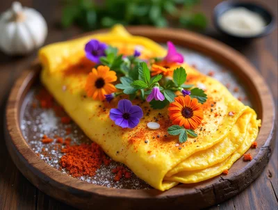 Gourmet Omelet Garnished With Edible Flowers On Wooden Plate