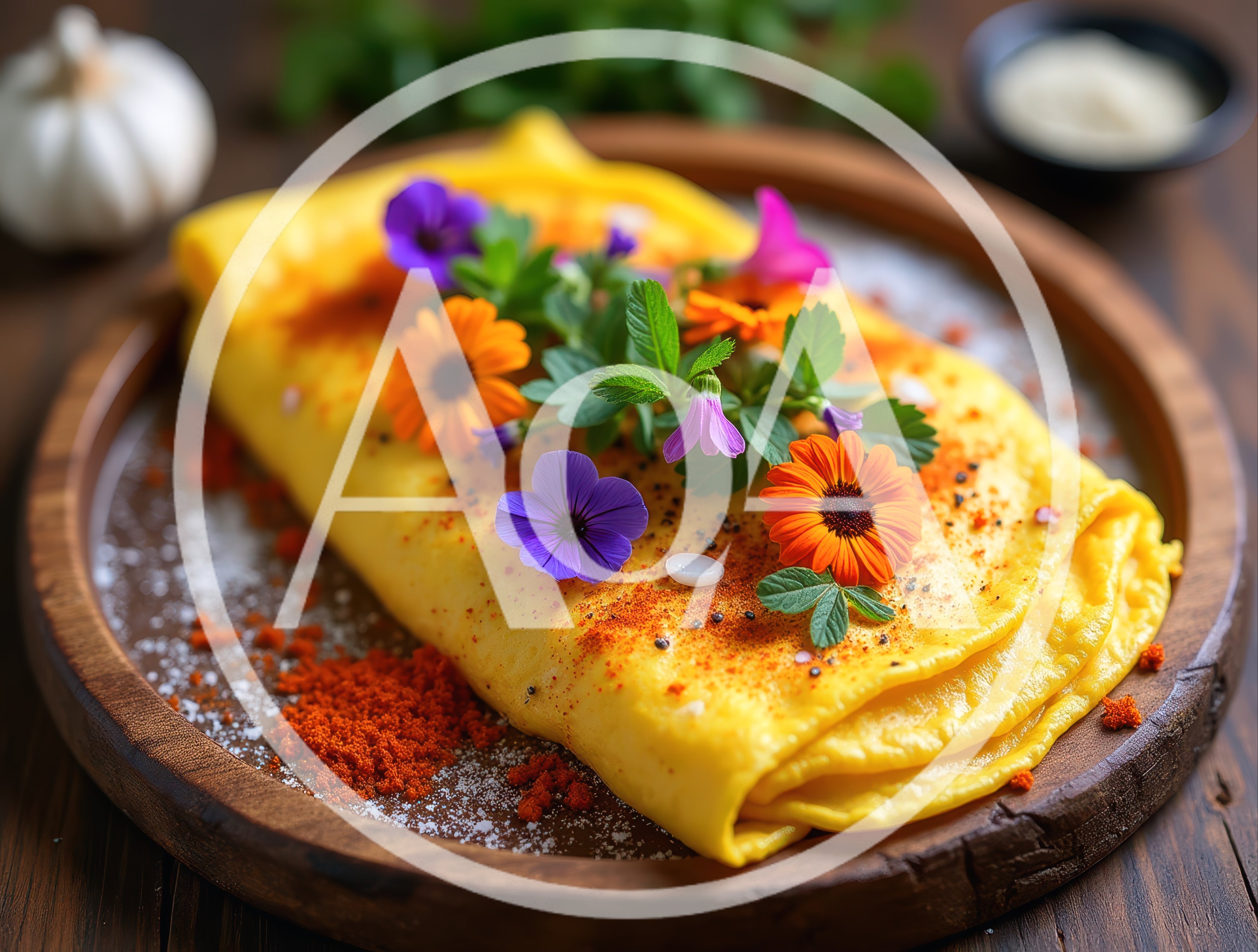 Gourmet Omelet Garnished With Edible Flowers On Wooden Plate