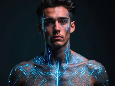 Cybernetic Man With Glowing Blue Circuitry Skin