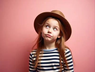 Young Girl Wearing A Fedora Hat Looking Upwards