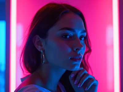 Portrait Of A Young Woman In Neon Lighting