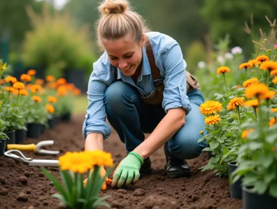 Young Woman Gardening and Planting Flowers in Soil
