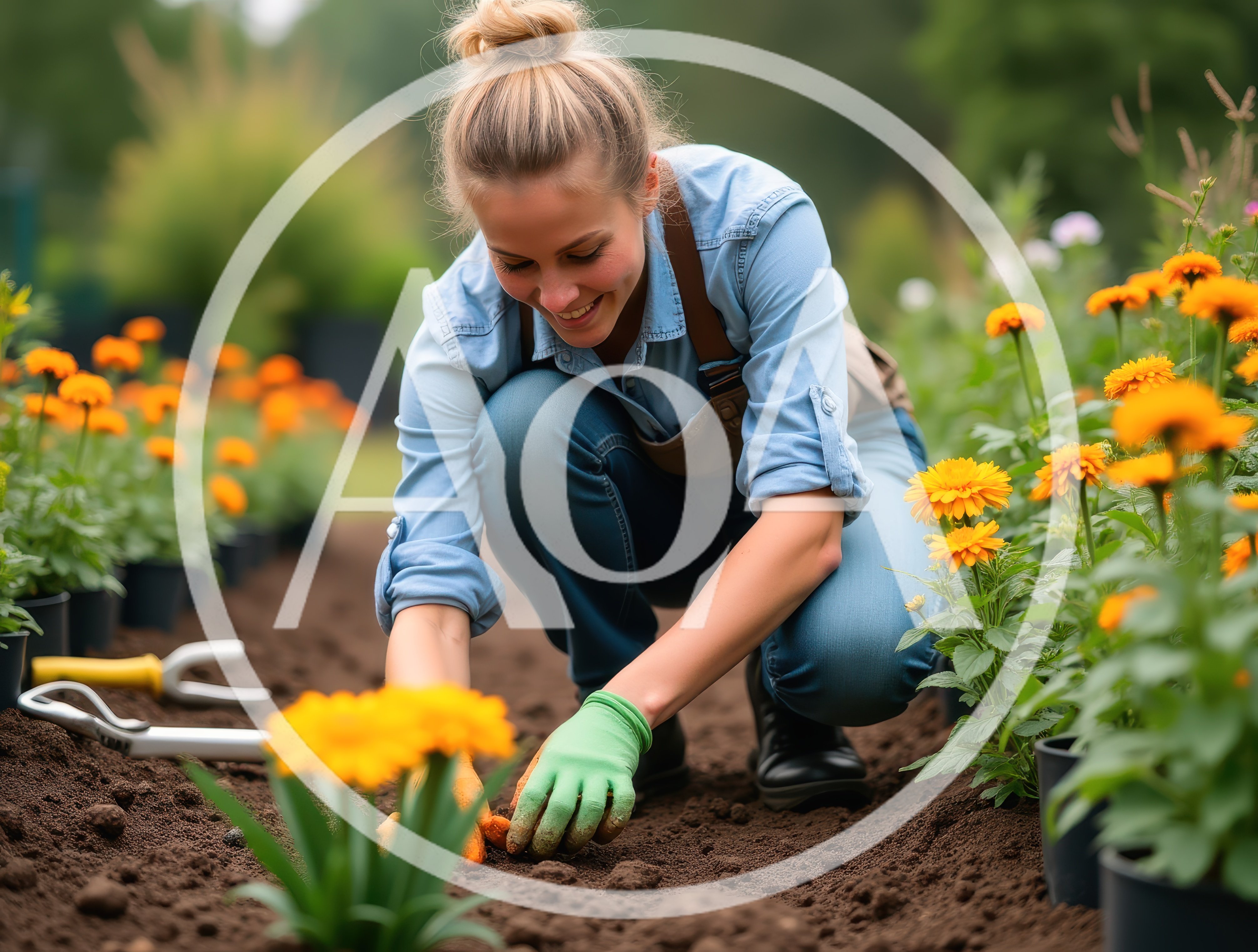 Young Woman Gardening and Planting Flowers in Soil