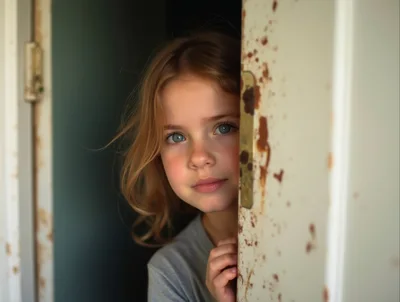 Young Girl Peeking Through A Partially Open Door