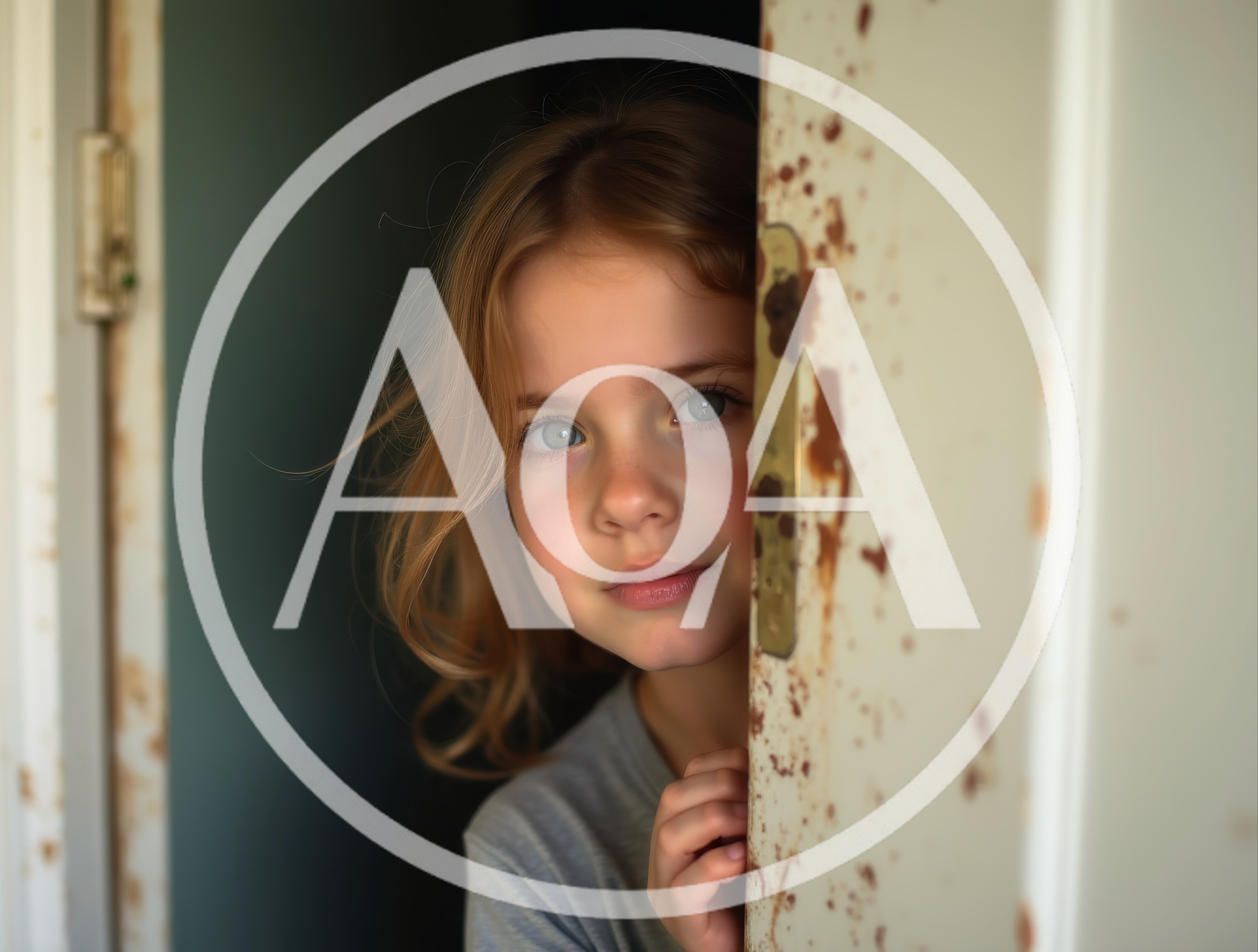 Young Girl Peeking Through A Partially Open Door