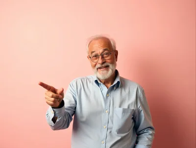 Senior Man Pointing Finger Against Pink Background