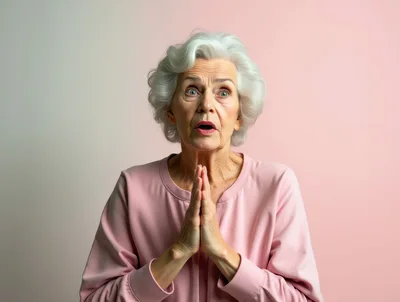 Elderly Woman Praying With An Expression Of Awe