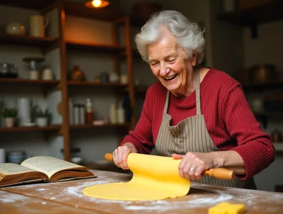 Elderly Woman Rolling Out Dough In A Rustic Kitchen