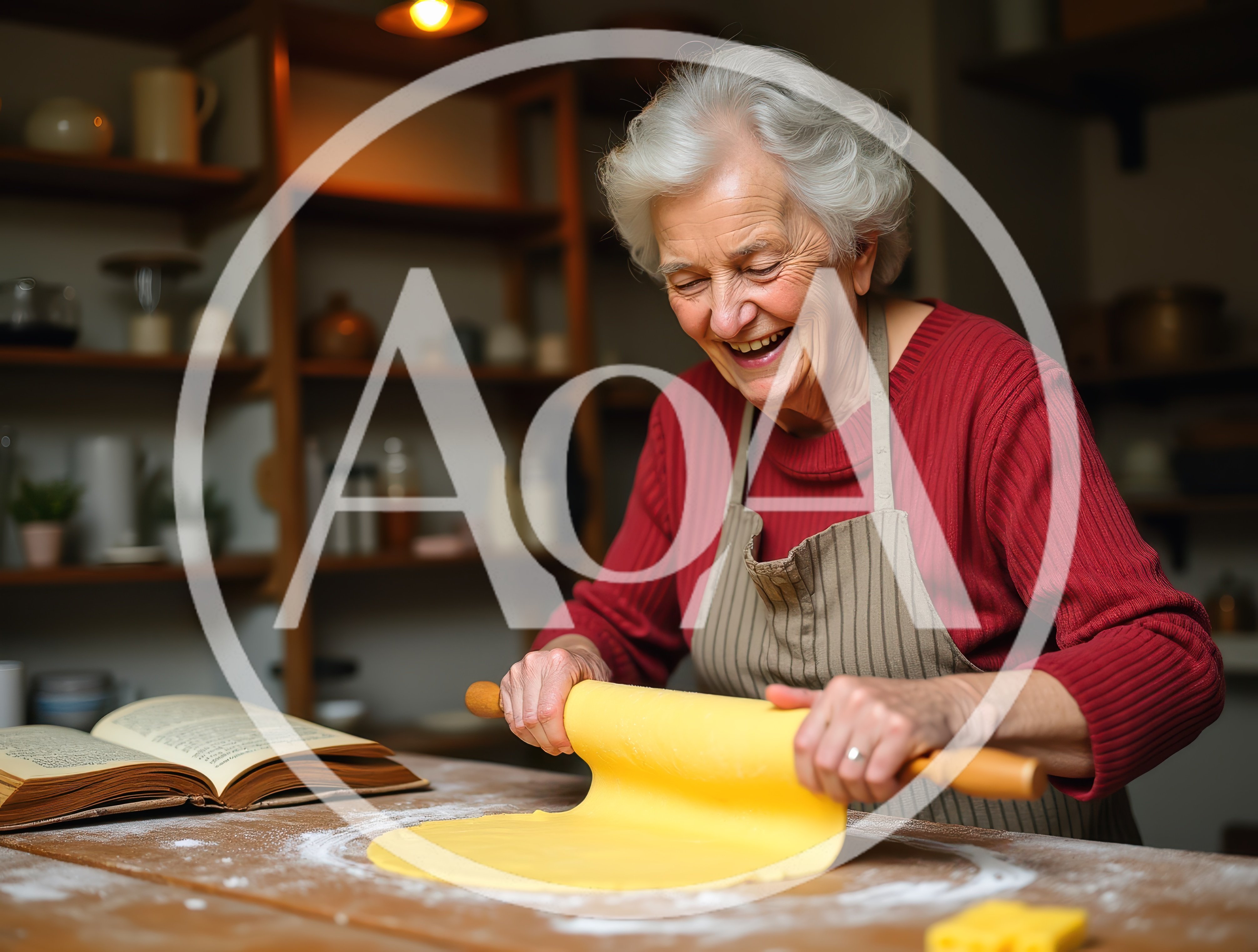 Elderly Woman Rolling Out Dough In A Rustic Kitchen