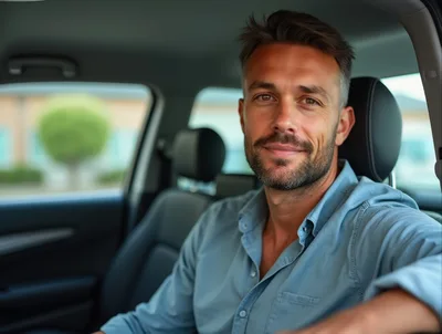 Handsome Man Sitting In The Passenger Seat Of A Car