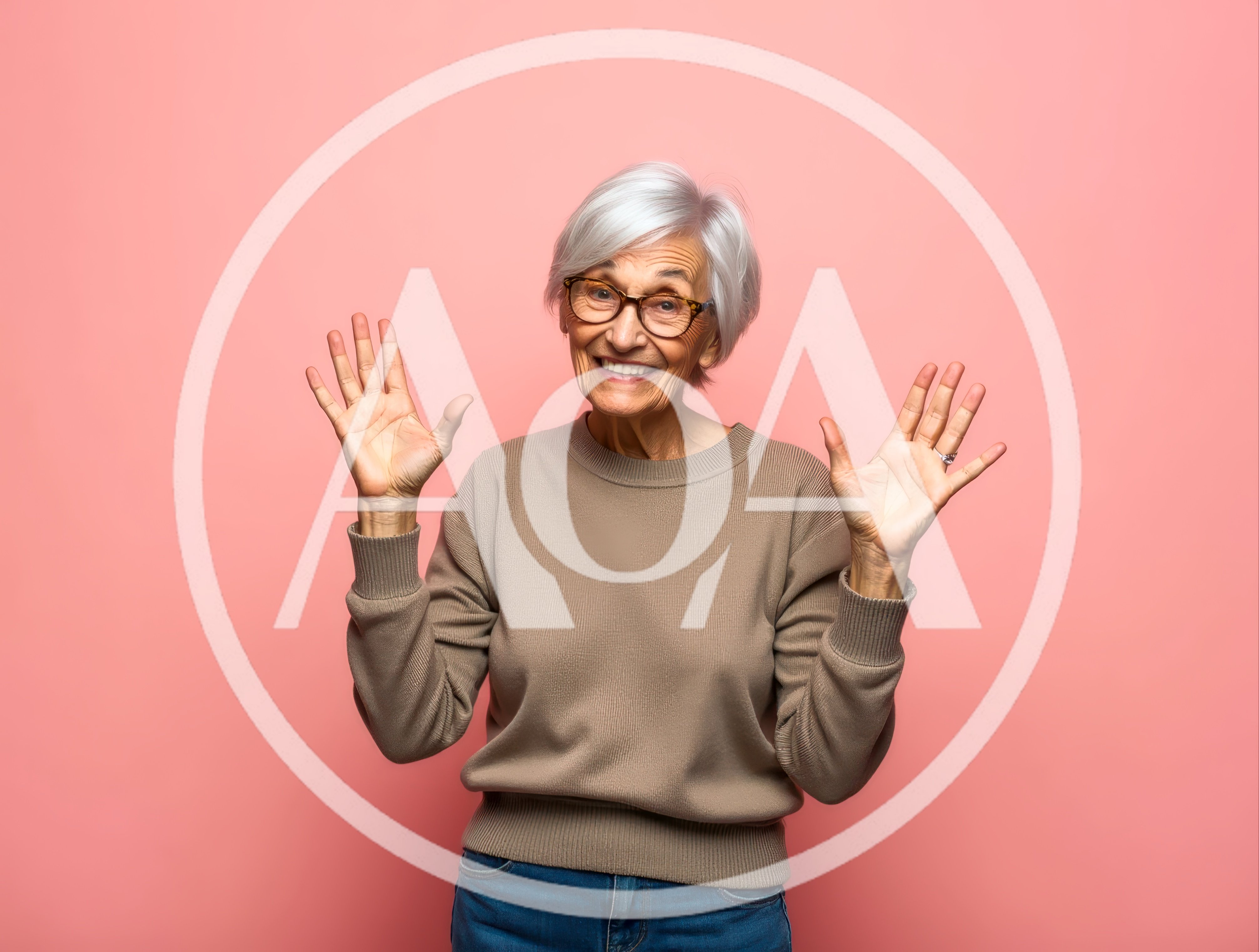 Happy Senior Woman Waving Hands Against Pink Background