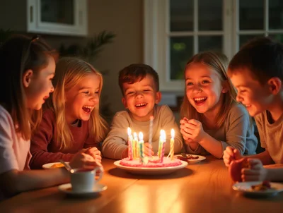 Group Of Children Celebrating A Birthday With Cake