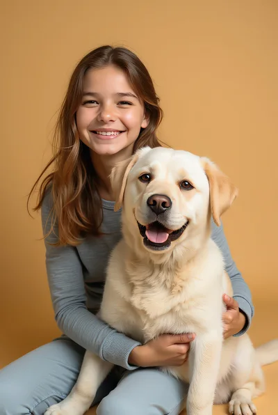 Happy Young Girl Hugging Her Golden Labrador Retriever
