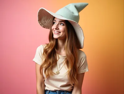 Young Woman Wearing A Whimsical Witch Hat