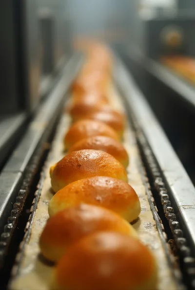 Freshly Baked Buns Moving Along Industrial Conveyor Belt