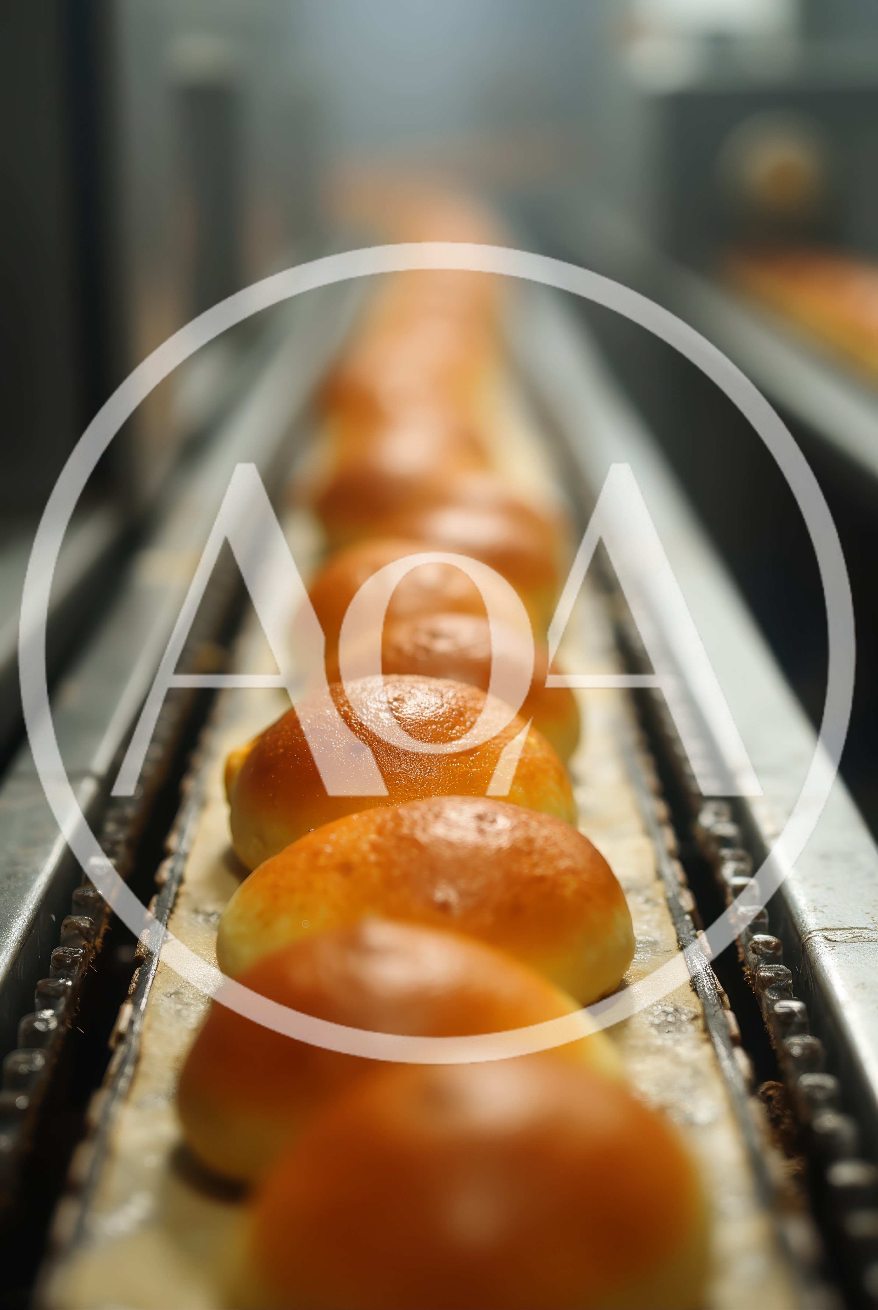 Freshly Baked Buns Moving Along Industrial Conveyor Belt